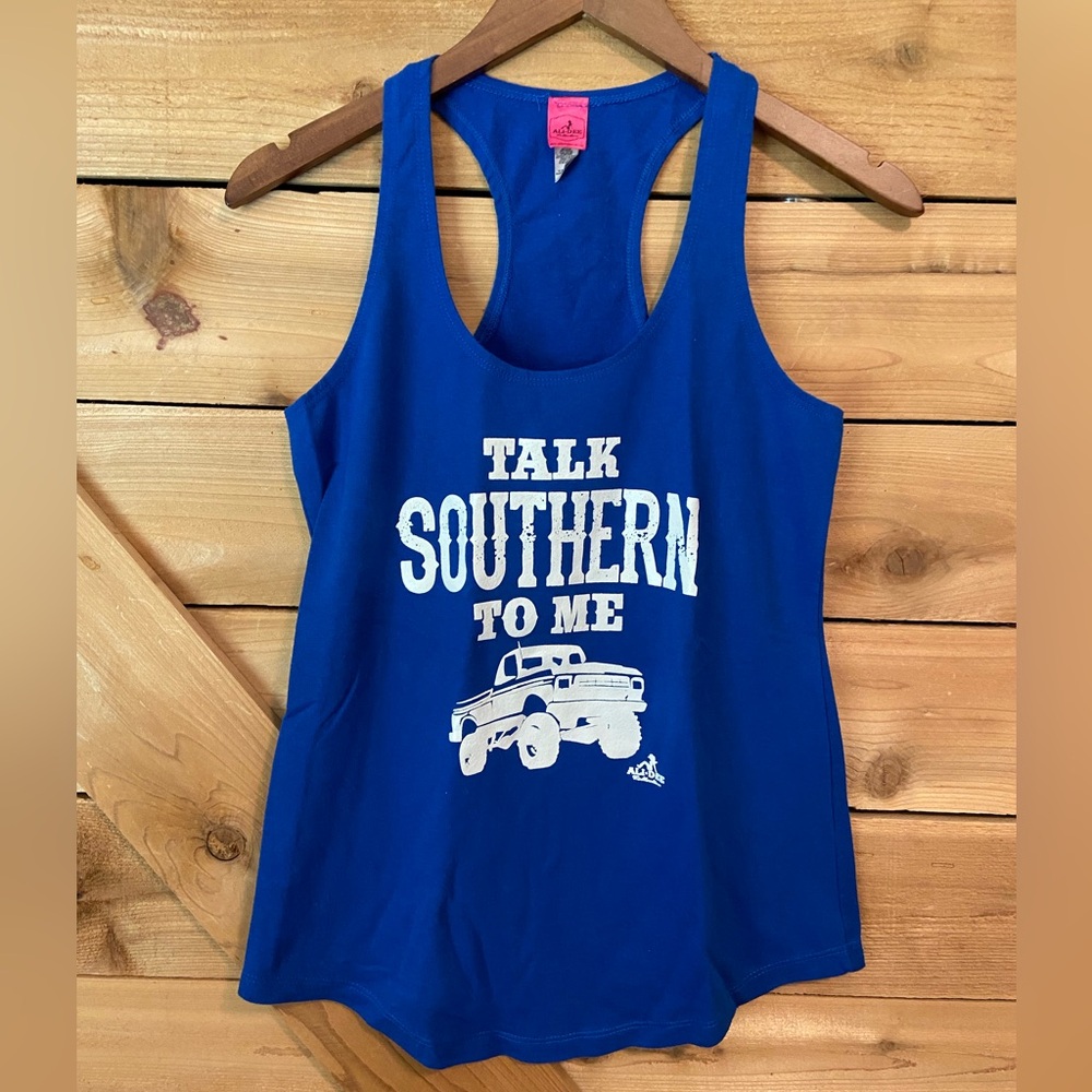 Ali Dee Royal Blue “Talk Southern to Me” Racerback Graphic Tank Top